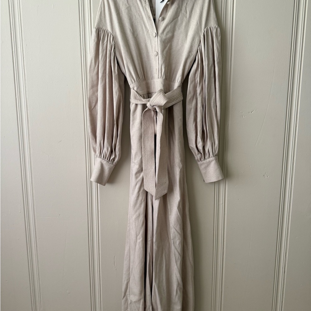 Elegant Beige Long-Sleeve Jumpsuit with Belt